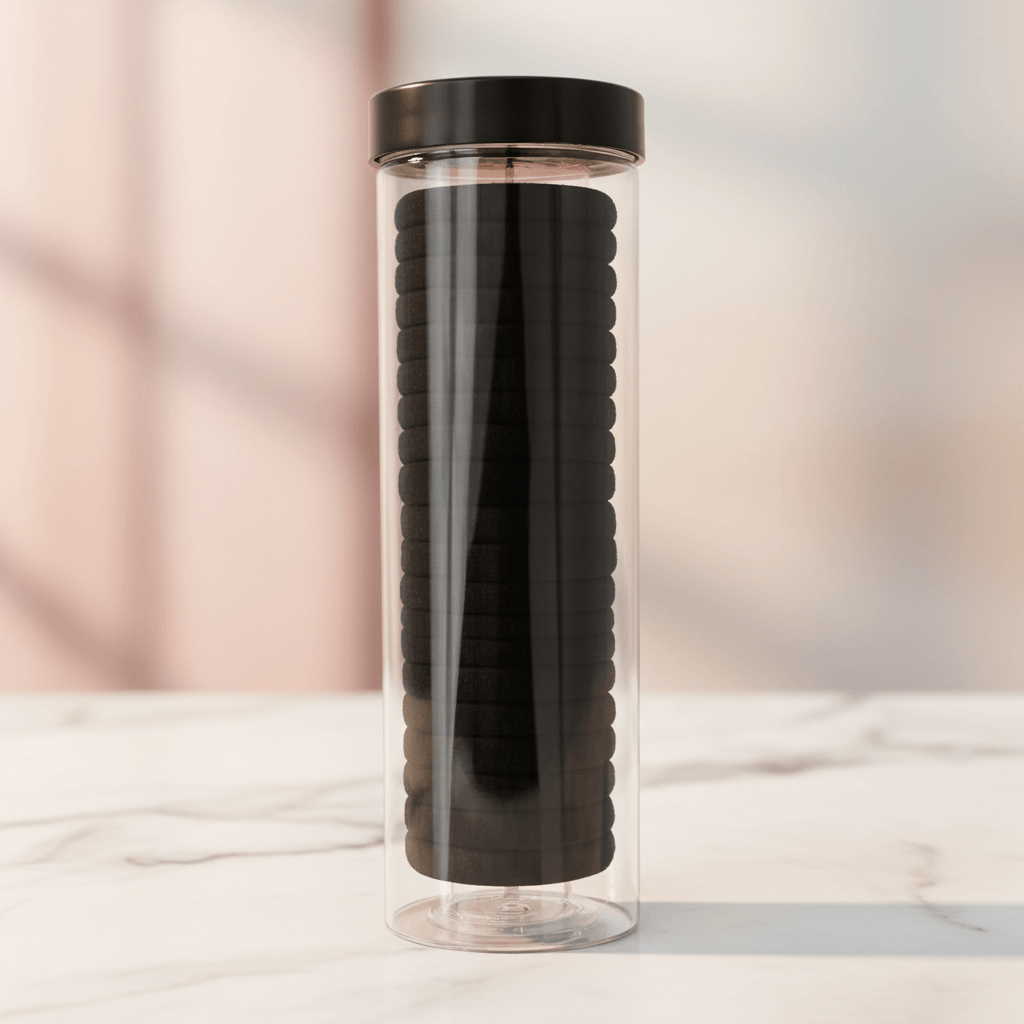 Clear cylindrical container with black textured object inside on a light background