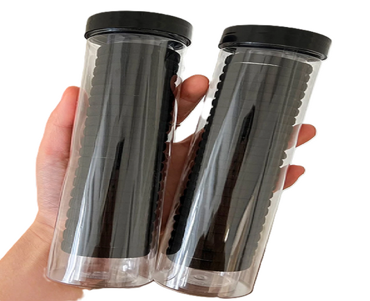 Two clear tumblers with black lids