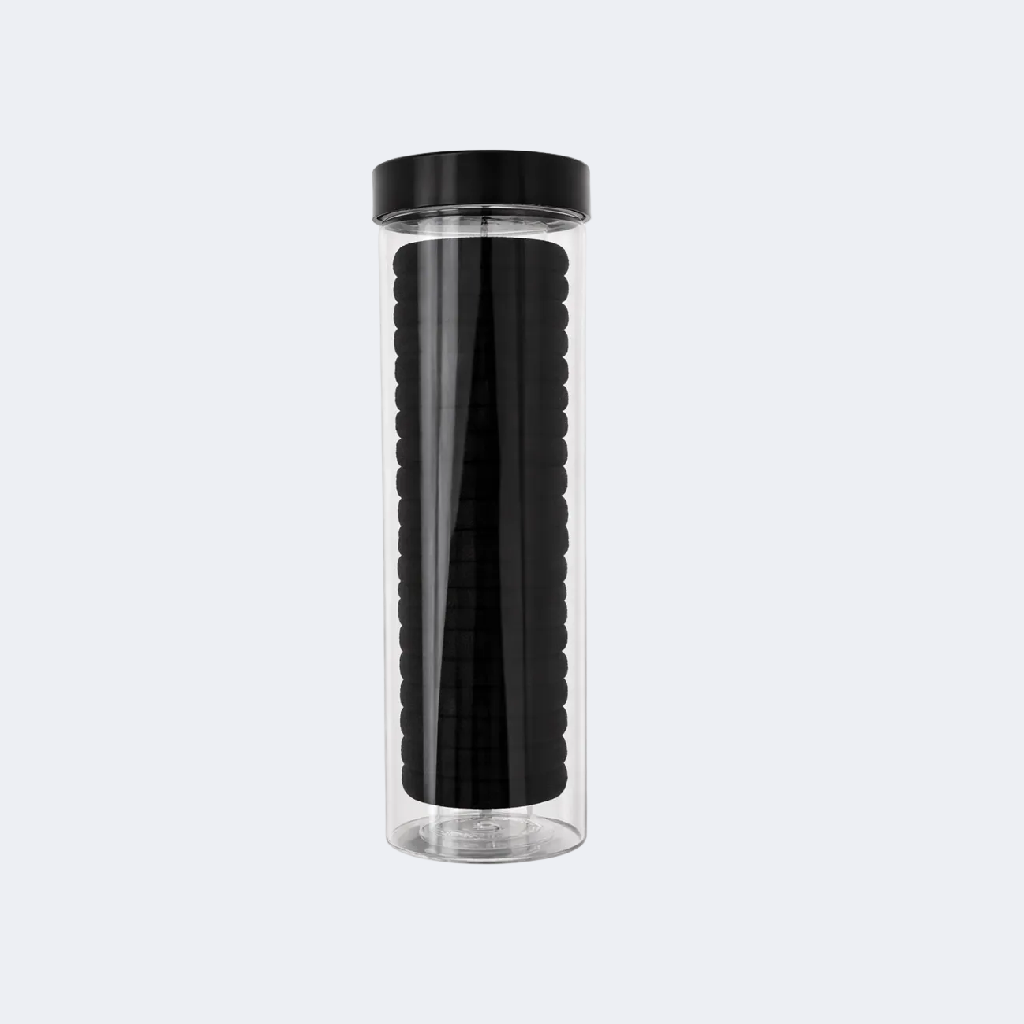 Clear bottle with black lid and black interior on a white background