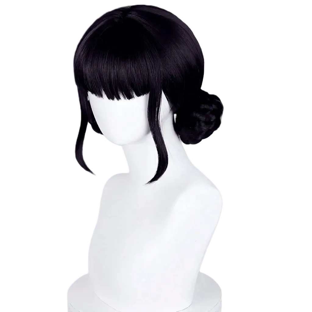 Black wig styled with a bun on a white mannequin head against a white background