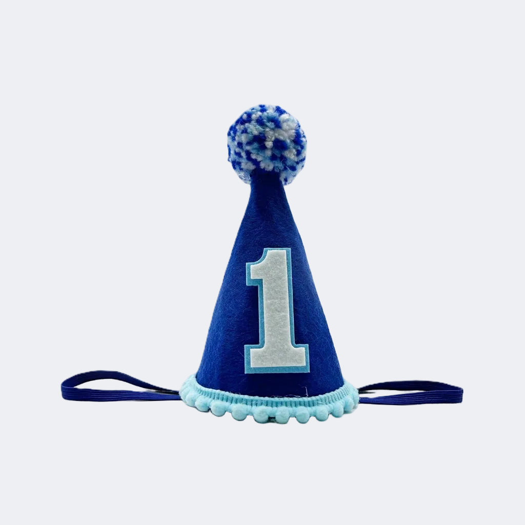 Blue party hat with a number 1 on a white background
