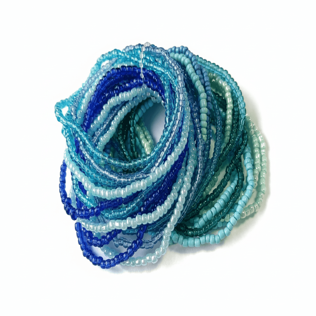 A coiled bundle of multi-strand beaded bracelets in shades of blue, teal, and aqua on a plain white background.