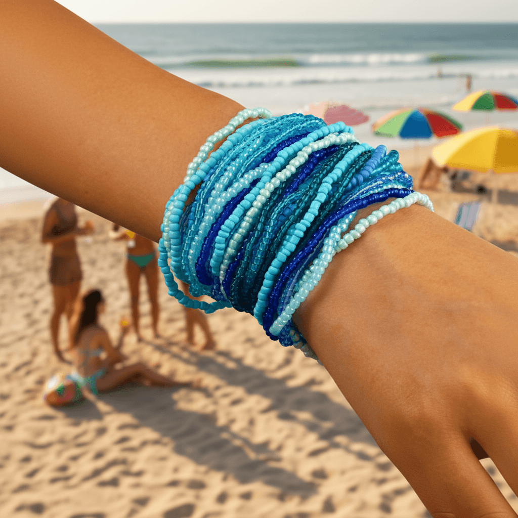 A close-up of a person's wrist wearing a stack of beaded bracelets in shades of blue, teal, and light aqua, photographed on a sandy beach with ocean and beachgoers blurred in the background.