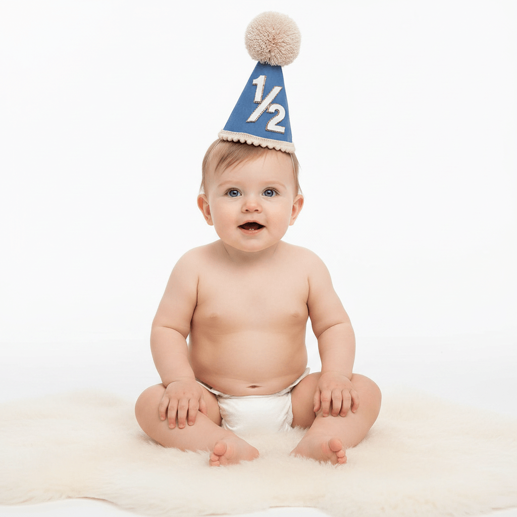 A baby sitting on a white faux fur rug wearing a blue half-party hat with a beige pom-pom.