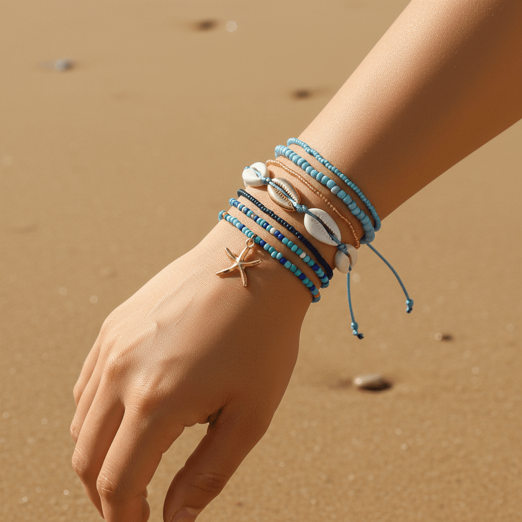 A close-up of a person's wrist and hand wearing a stack of beach-themed bracelets on a sandy beach. The bracelets include light blue beads, white cowrie shells, a small starfish charm, and a brown leather band.