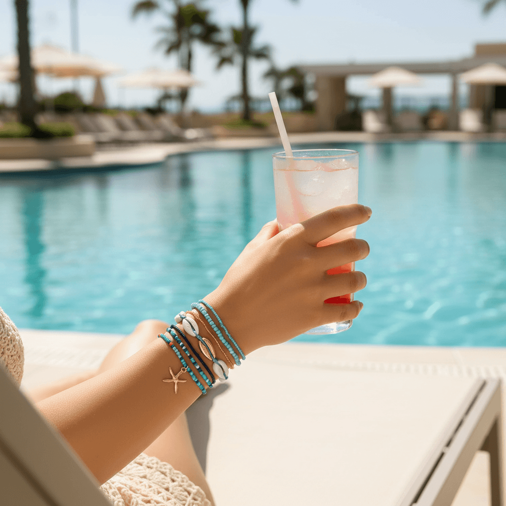 A close-up of a person's hand holding a glass of iced drink by a swimming pool, wearing multiple turquoise and silver beaded bracelets with a small starfish charm.