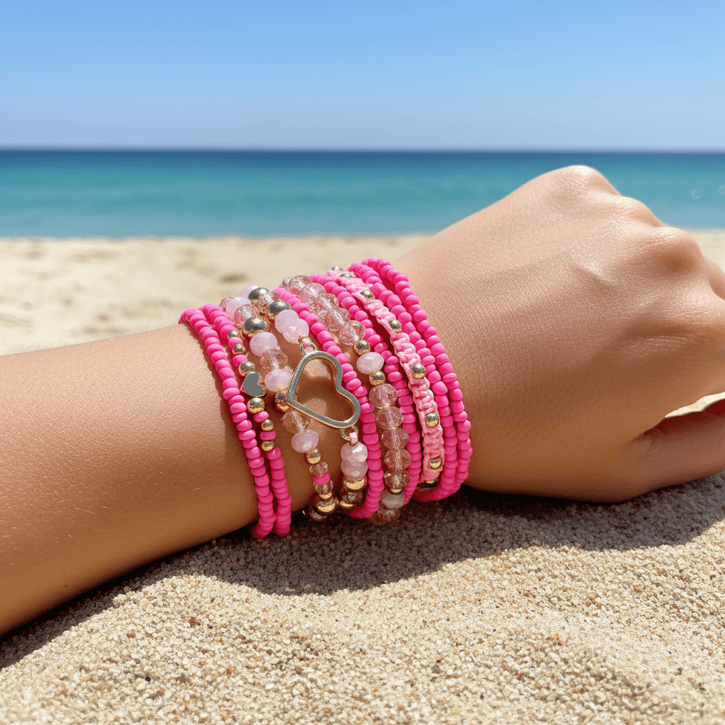 Person's wrist with multiple pink beaded bracelets on a sandy beach.