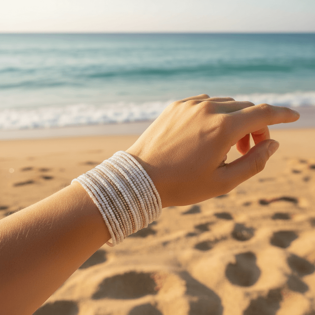 A close-up of a person's hand and wrist wearing a stack of multi-strand white beaded bracelets, set against a blurred beach background with sand and the ocean.