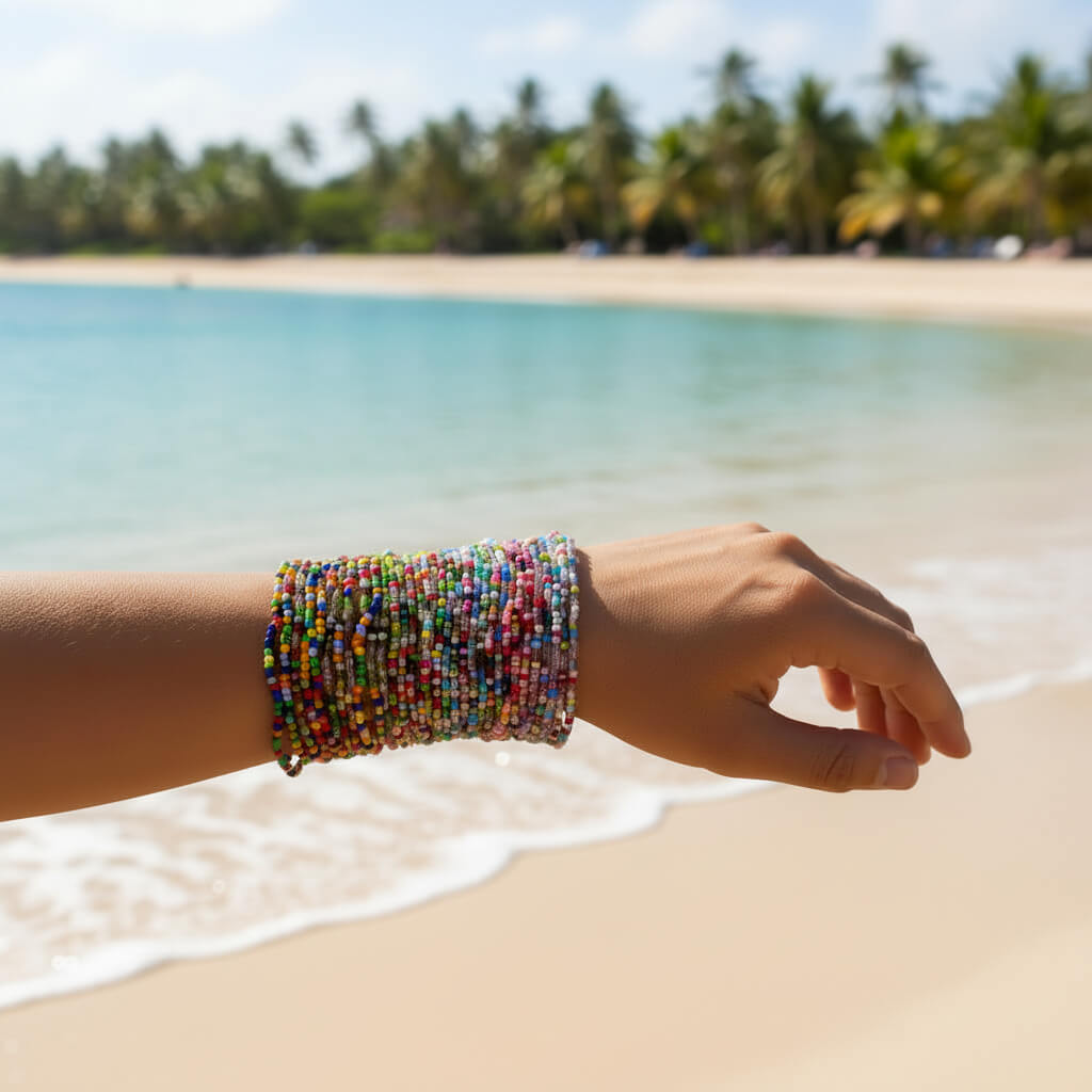A close-up of a person's wrist wearing a stack of colorful beaded bracelets, set against a blurred tropical beach background with turquoise water, sand, and palm trees.
