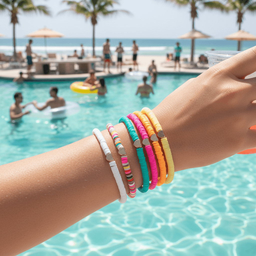 A close-up of a person's wrist wearing a stack of colorful beaded bracelets, photographed at a resort pool with palm trees and beachgoers in the background.