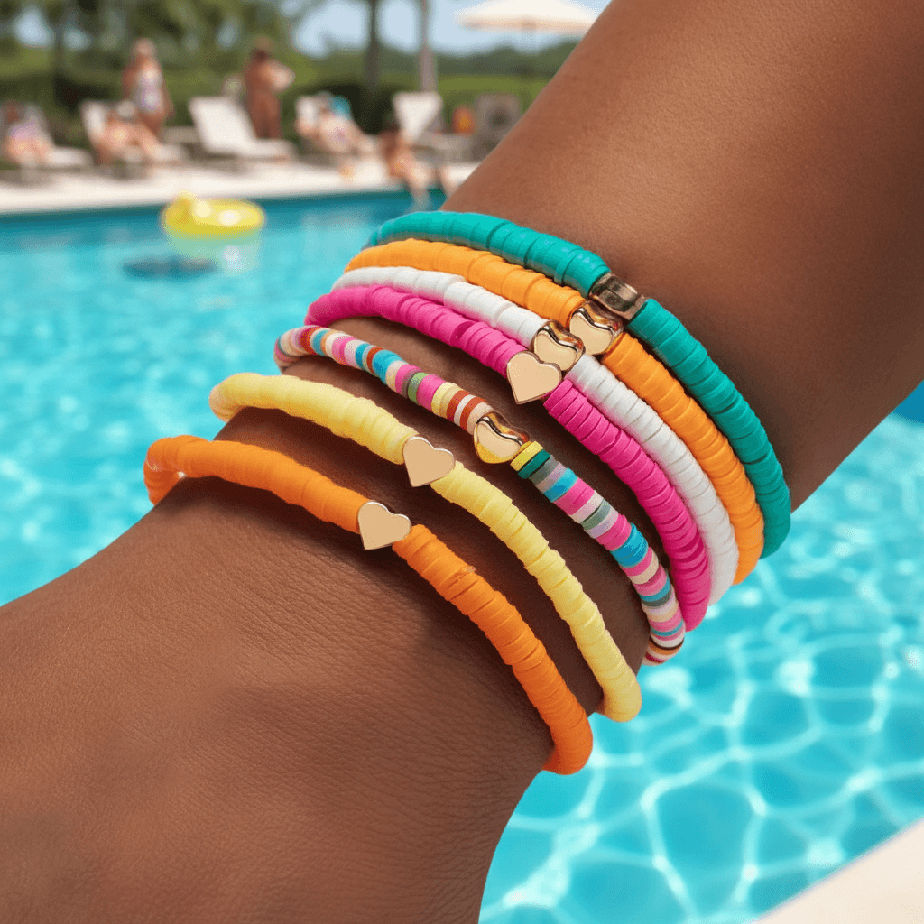 A close-up of a person's wrist wearing a stack of colorful braided bracelets with small gold heart charms, photographed outdoors by a swimming pool.