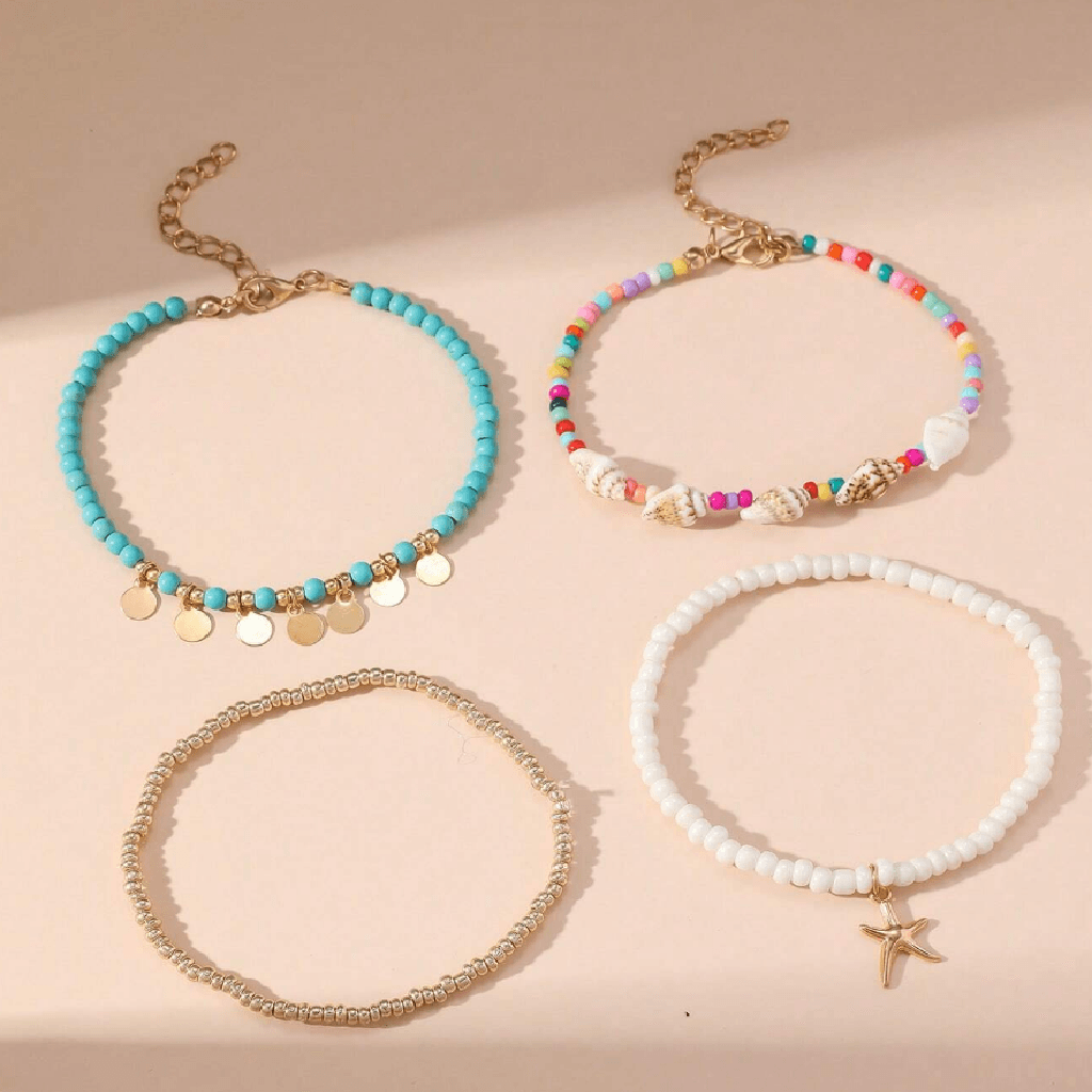 Four beaded bracelets with different color schemes on a beige background