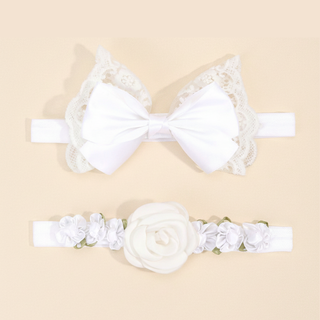 White lace headband with bow and floral headband on a beige background