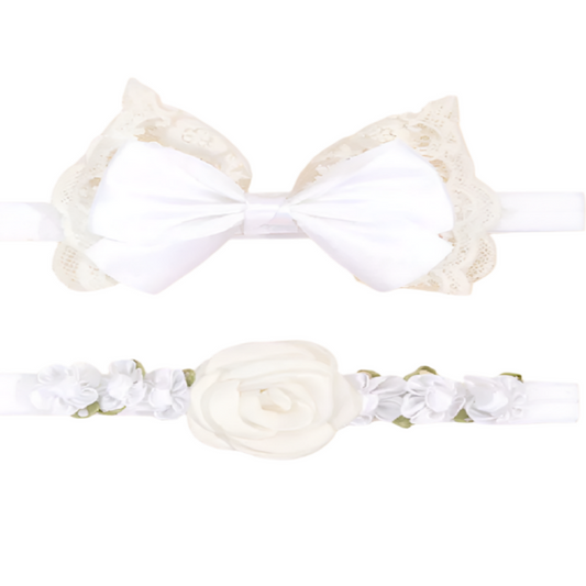 Two white headbands with lace and floral details