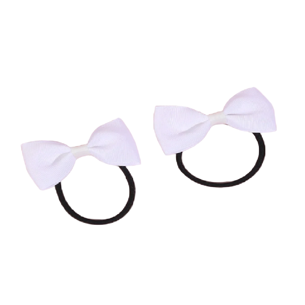 Two white hair bows on black elastic bands against a white background