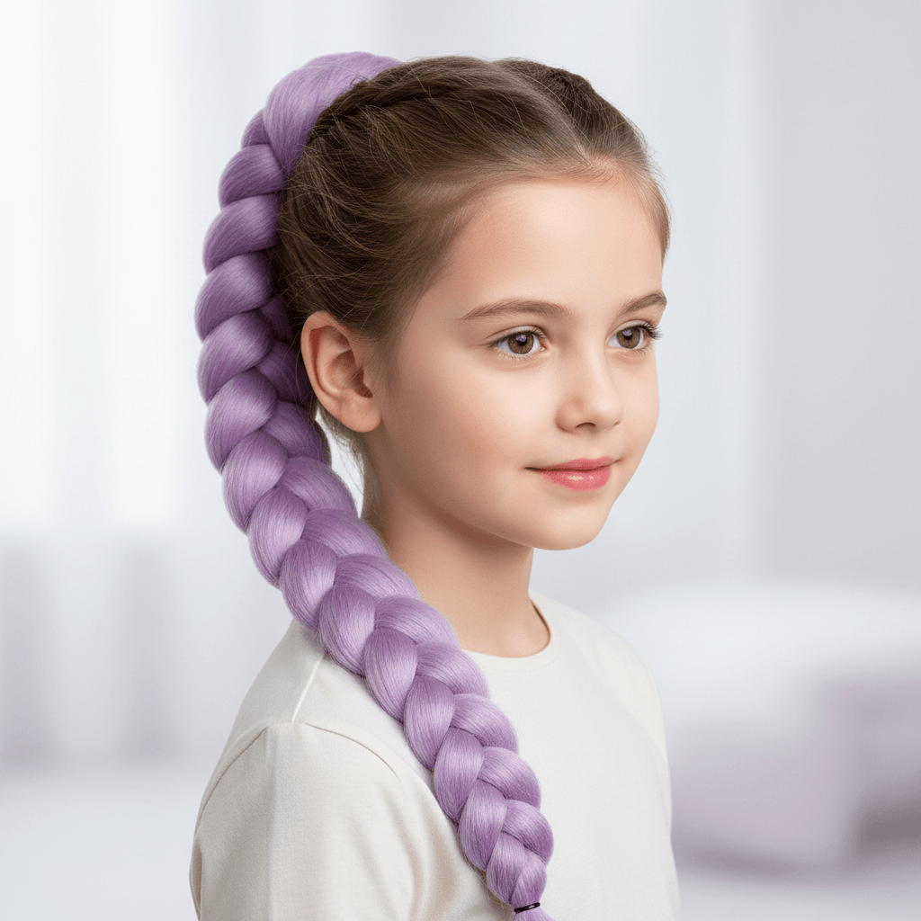 Purple hair extensions shown in various styles on a light purple background