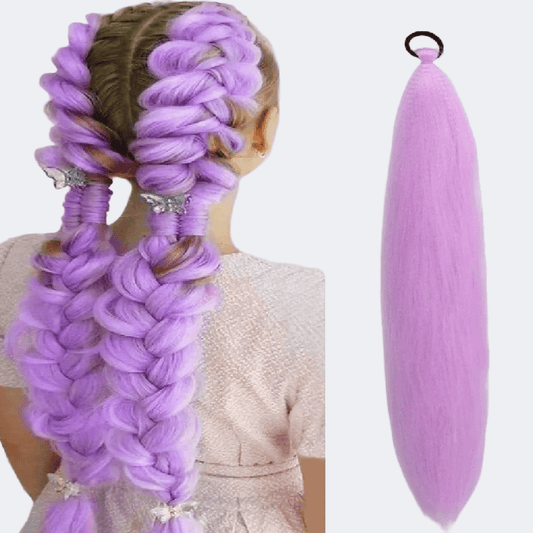 Purple hair extensions styled in braids with a single strand on a white background