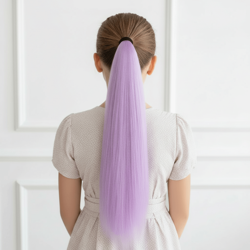 Purple hair extensions shown in various styles on a light purple background