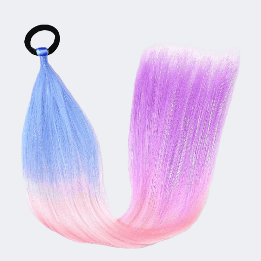 Gradient hair extensions in blue, pink, and purple on a white background