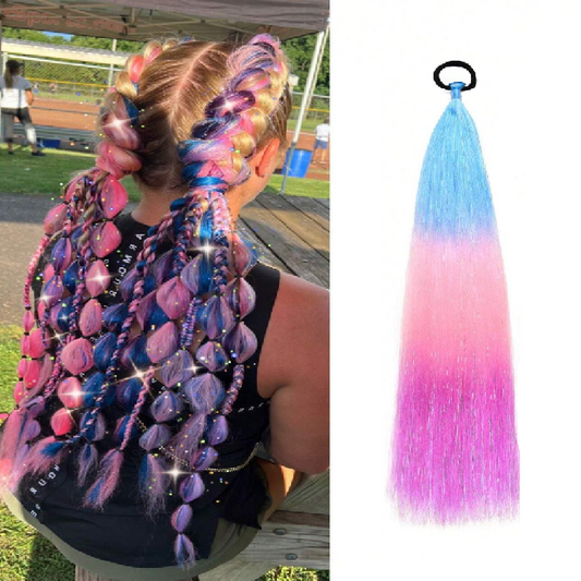 Person with colorful braided hair and a close-up of a blue and pink hair extension.