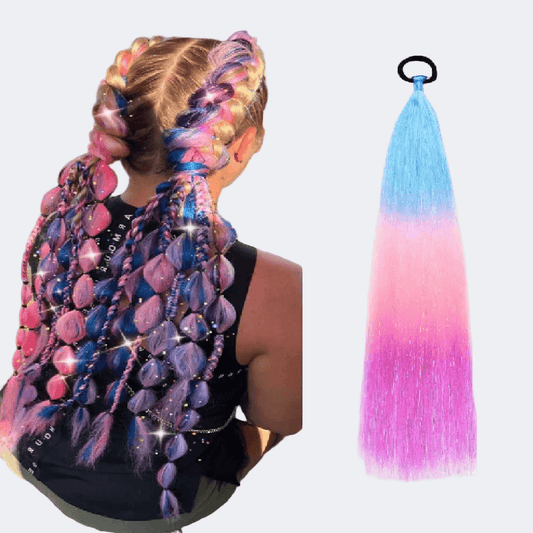 Person with colorful braided hair and a blue to pink ombre hair extension on a white background