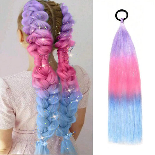 Pastel gradient hair extensions in pink, purple, and blue on a mannequin and a white background.