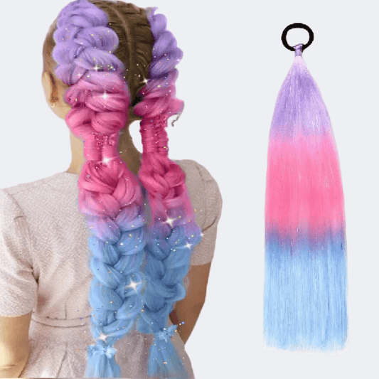 Pink and blue hair extensions styled in braids with a plain background