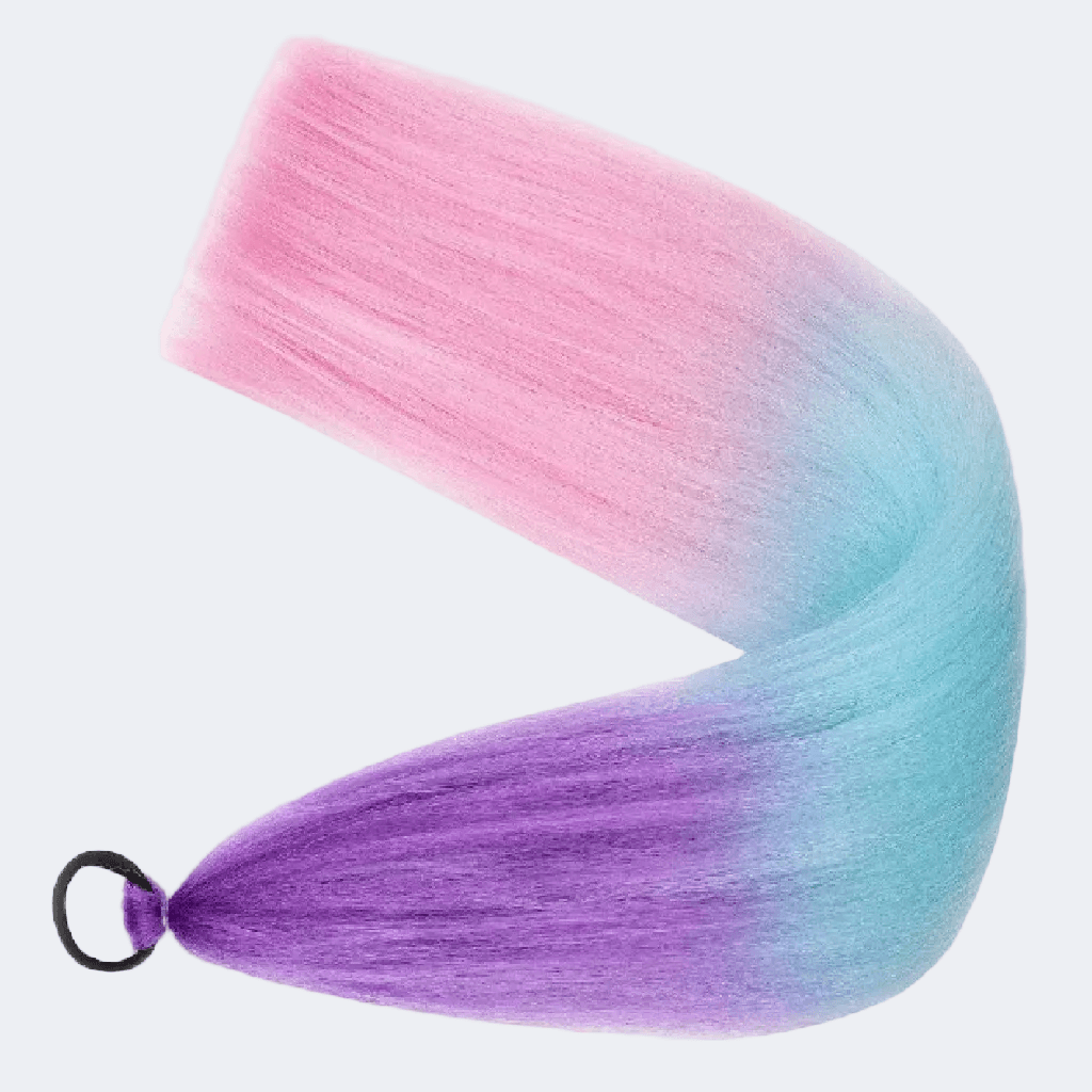 Gradient hair extension in pink, blue, and purple on a white background