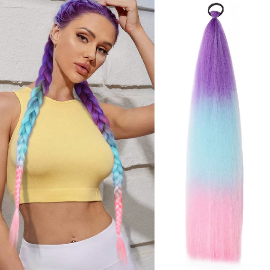 Woman with colorful braided hair next to a gradient hair extension