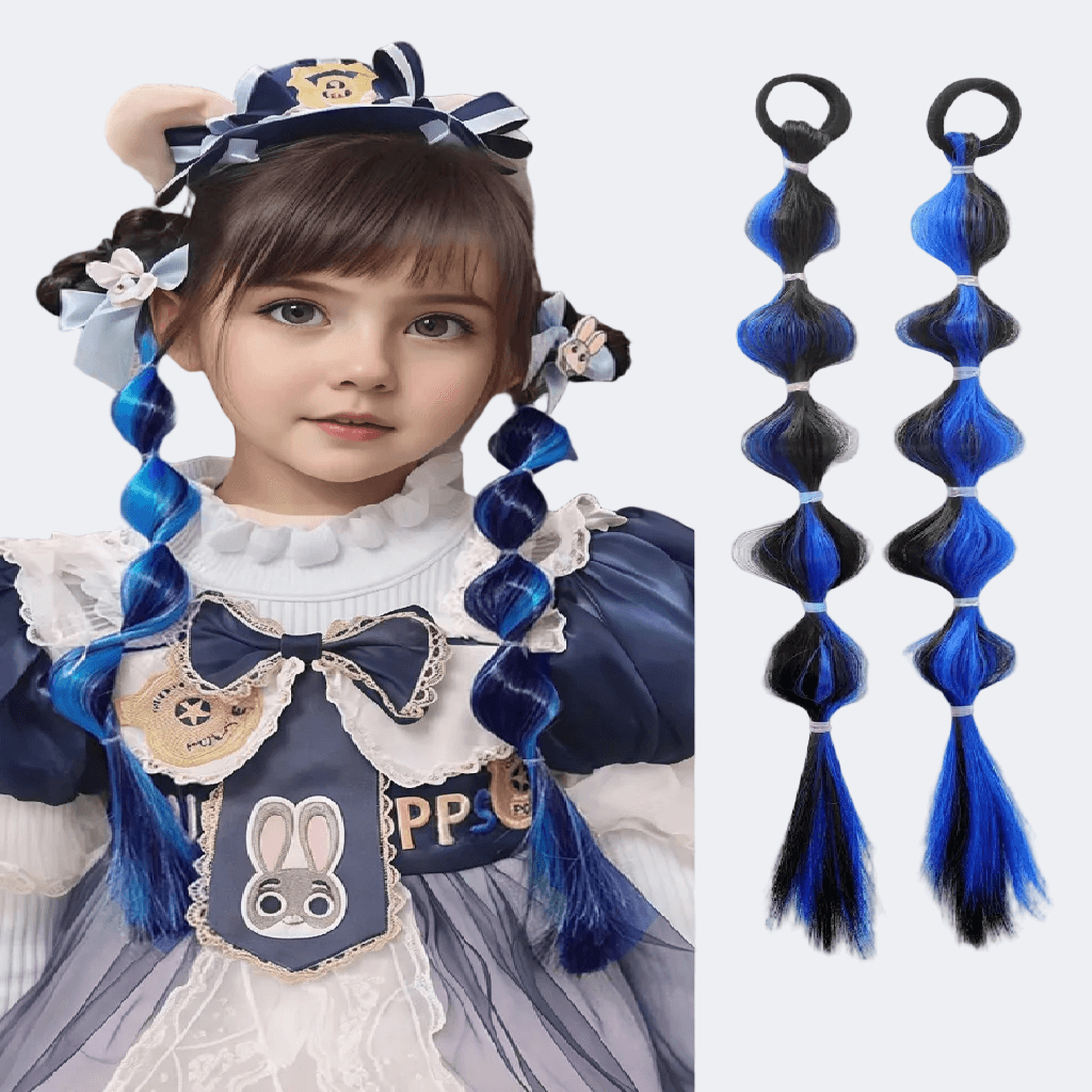 Child with blue and black braided hair extensions and a costume with a police-themed design.