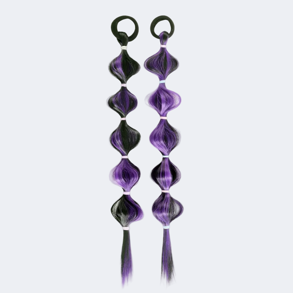 Purple and black hair extensions with clip ends on a white background