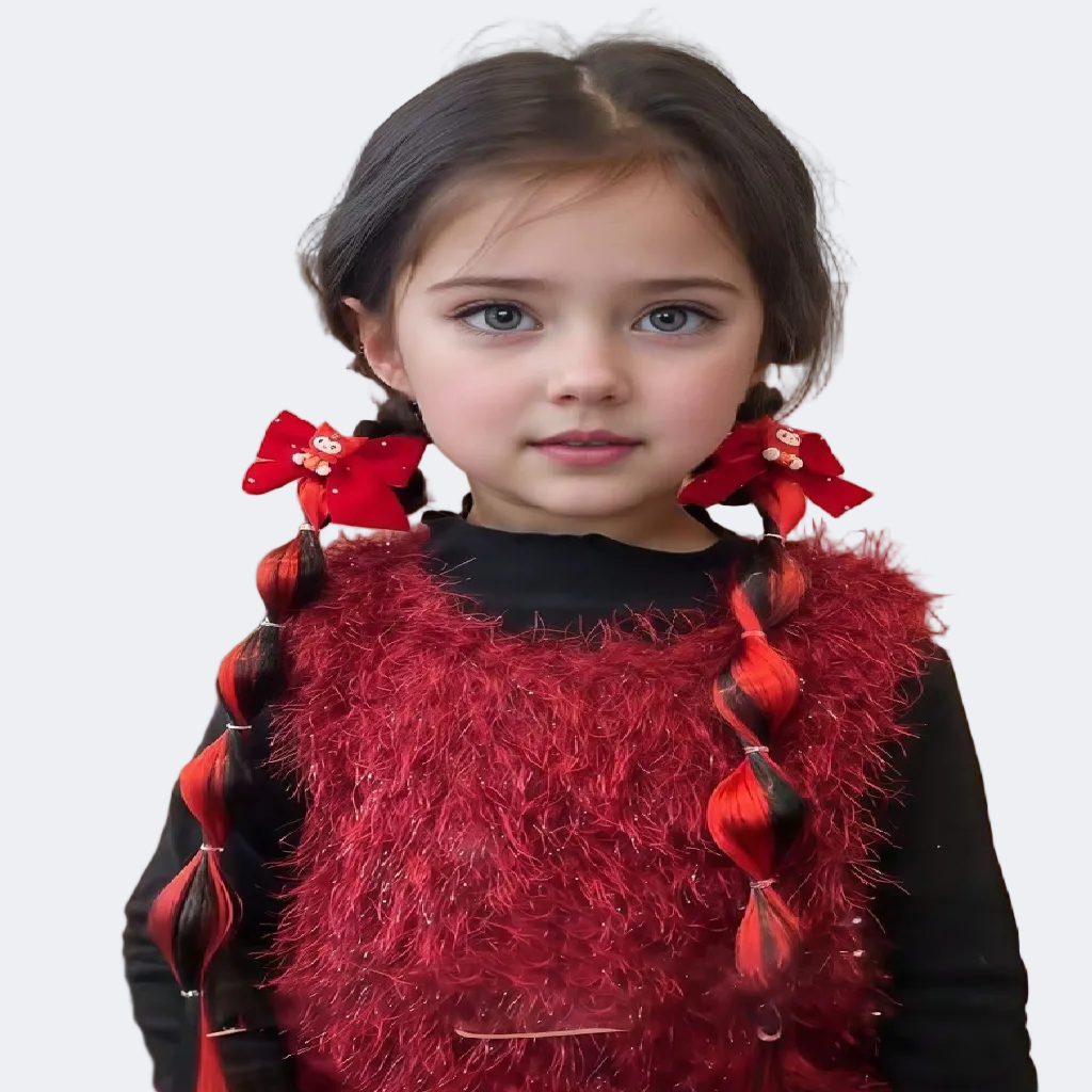 Young girl with braids wearing a red and black outfit with decorative elements.