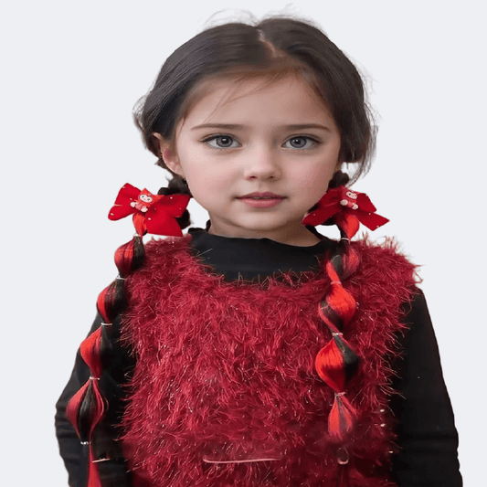 Young girl wearing a red furry vest with black ribbons on a white background