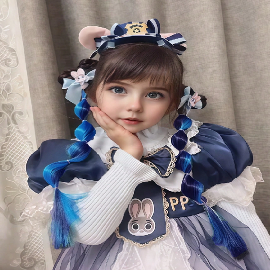 Child in a detailed costume with blue ribbons and white lace, sitting against a neutral background.