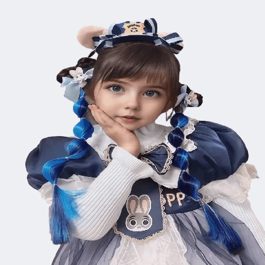 Child in a detailed costume with blue and white elements on a light gray background
