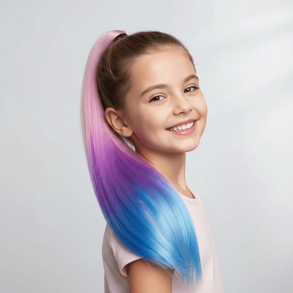 A young girl with a high ponytail showcasing a vibrant pastel gradient from pink to purple and blue, posing against a light gray studio background.