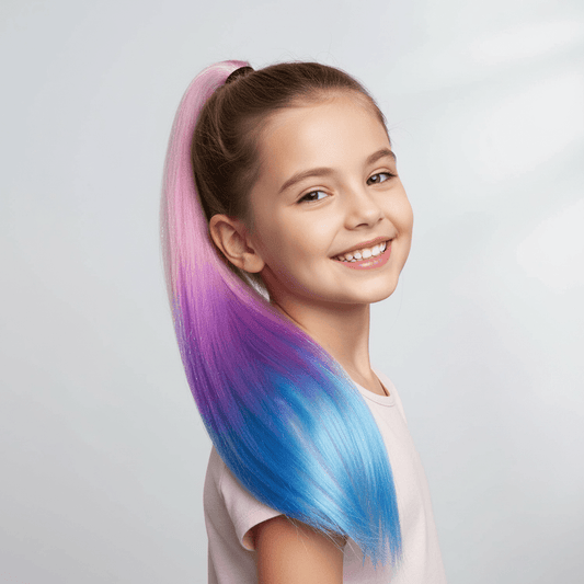 A young girl with a high ponytail showcasing a vibrant pastel gradient from pink to purple and blue, posing against a light gray studio background.
