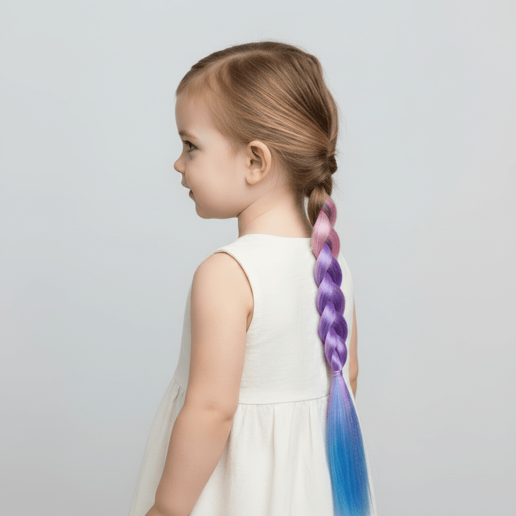 A young girl in profile wearing a white sleeveless dress, showcasing a long braided ponytail with a purple-to-blue gradient.