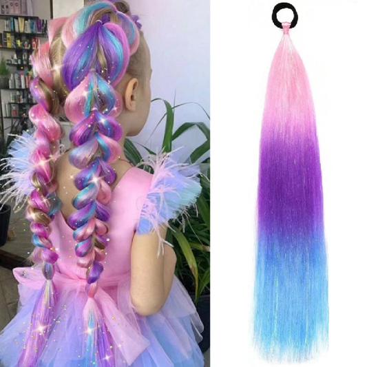 Colorful braided hair extensions on a mannequin and a straight section with gradient color.