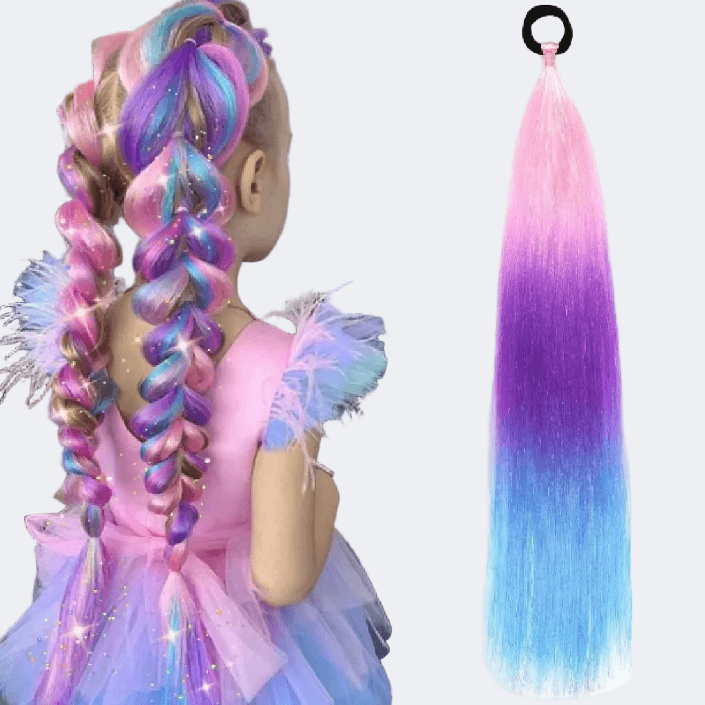 Colorful braided hair extension on a mannequin with a plain background