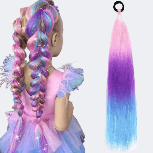 Colorful braided hair extension on a mannequin with a plain background