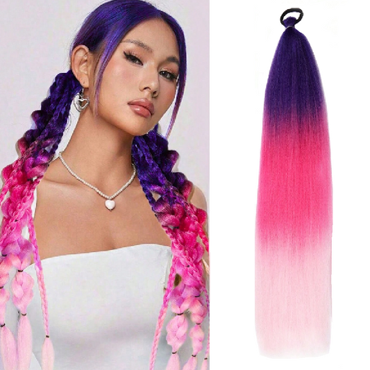 Woman with purple and pink braided hair next to a pink to purple ombre hair extension.