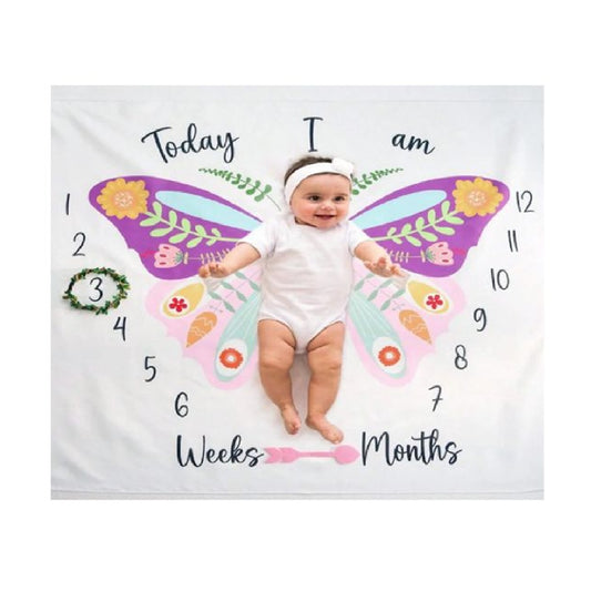 Baby milestone blanket with butterfly design and baby photo