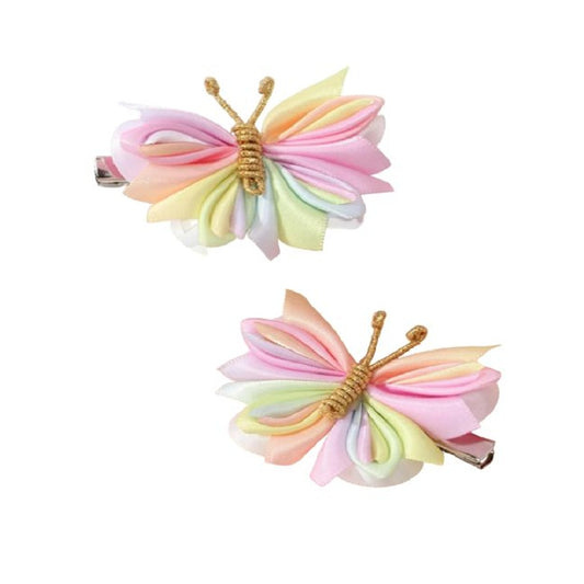 Two butterfly-shaped hair clips with pastel colors