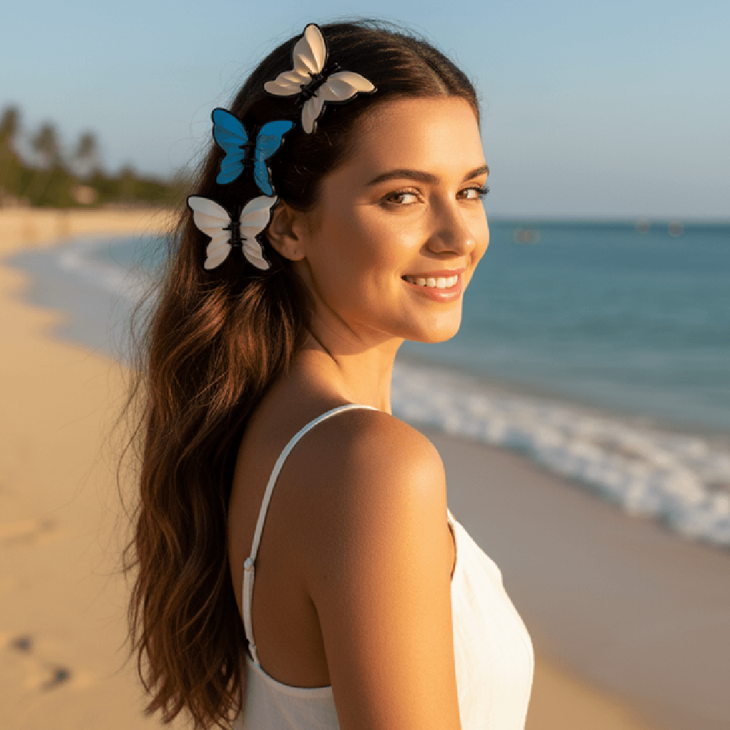 Woman with butterfly hair accessories on a beach