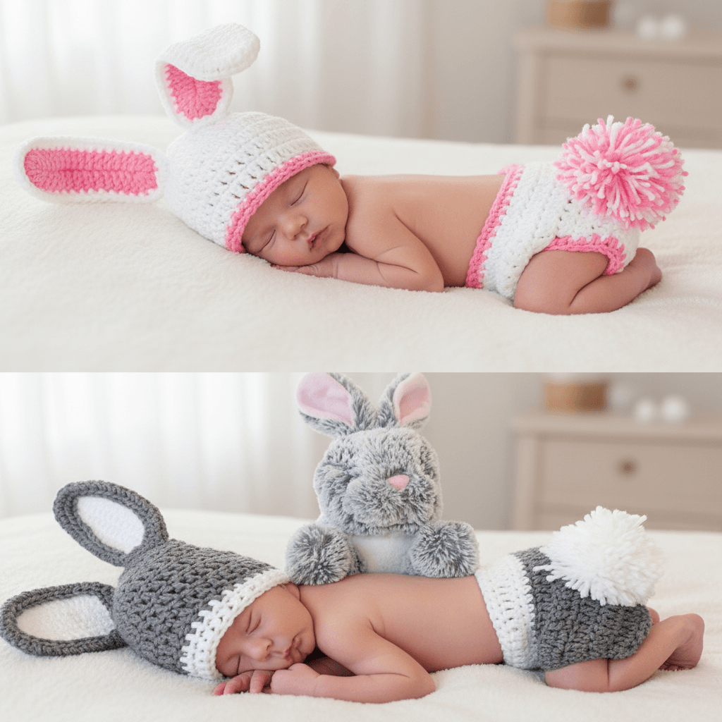 A newborn baby is shown in a two-panel photo wearing a crocheted bunny costume. The top panel shows a white and pink bunny hat and matching diaper cover with a pink pom-pom tail, and the bottom panel shows a gray and white bunny hat and matching diaper cover with a gray plush bunny toy.