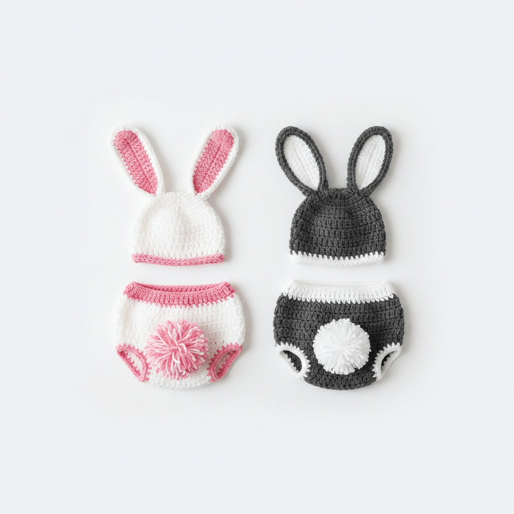 Two pairs of crocheted bunny-themed baby clothing sets on a light gray background. One set is white with pink accents and pink bunny ears, and the other is dark gray and white with white bunny ears and a white patch on the back.