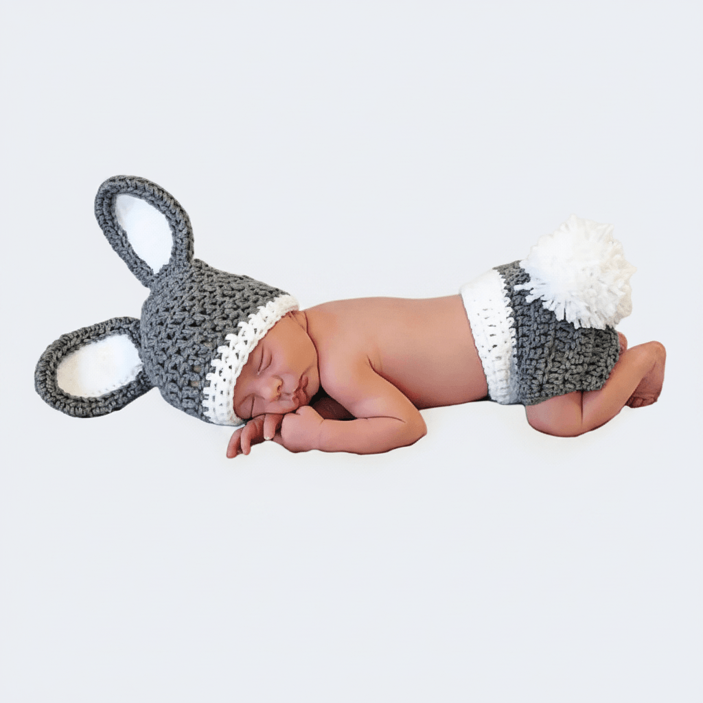 A sleeping newborn baby wearing a gray and white crocheted bunny outfit, featuring a hat with long ears and matching diaper cover with a fluffy white tail, posed against a light gray background.