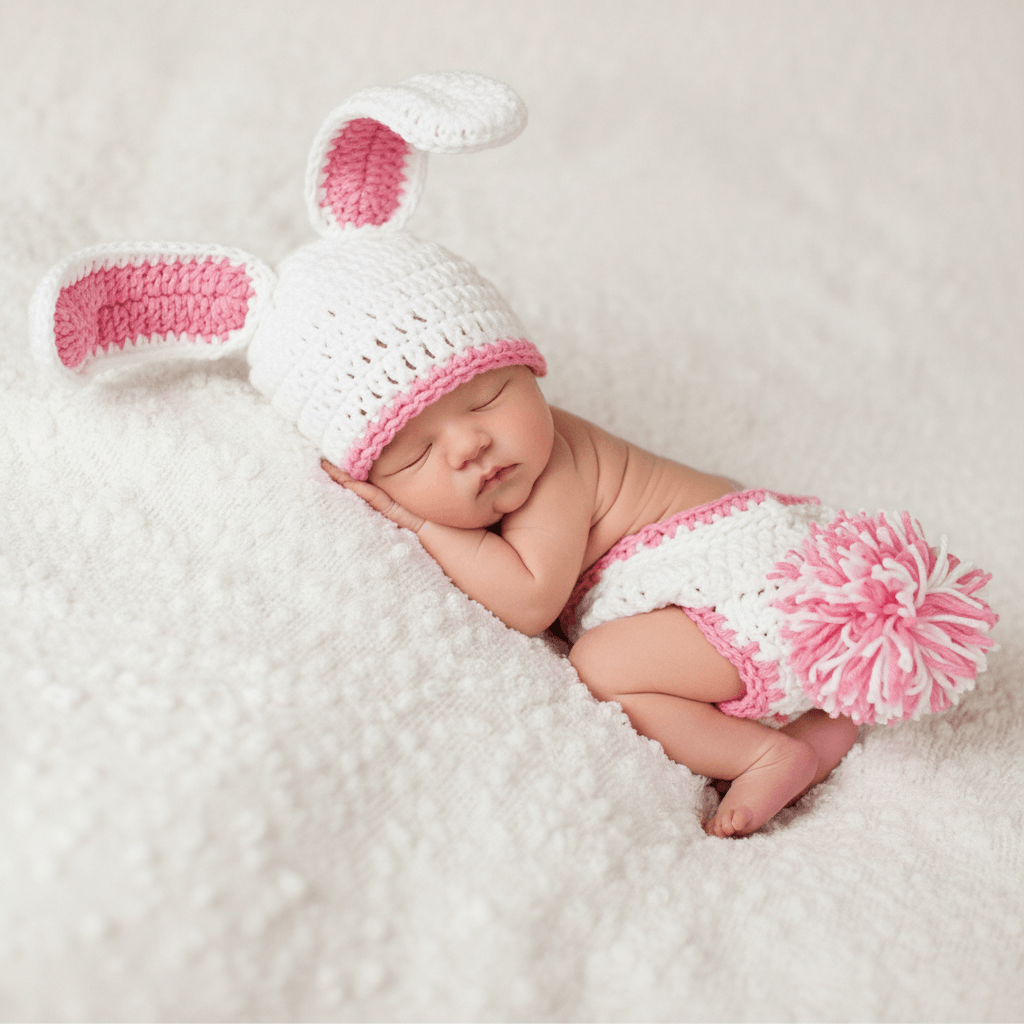 A sleeping newborn baby wearing a white and pink crocheted bunny hat and matching diaper cover, posed on a soft white textured blanket.