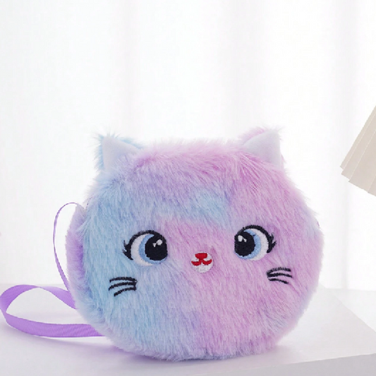 Plush cat toy with pastel colors on a white background